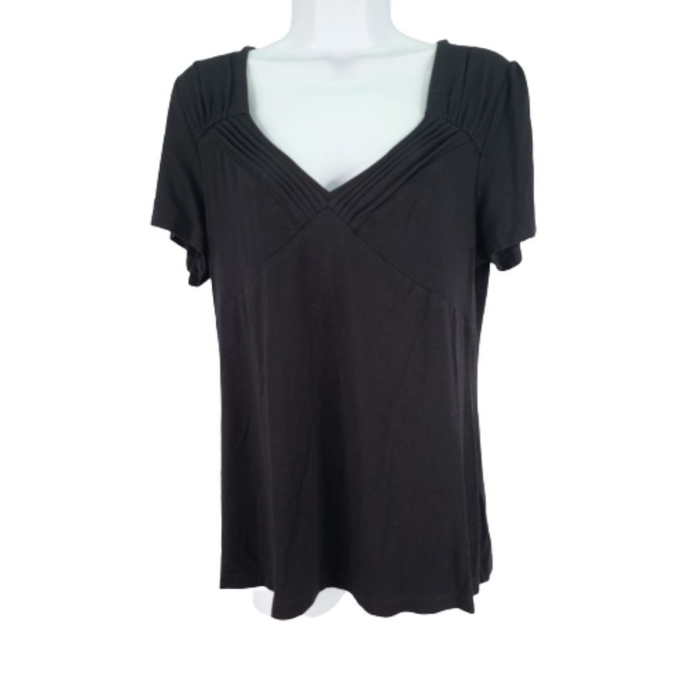 ECI Top Black Ruched V-Neck Short Sleeve Stretch